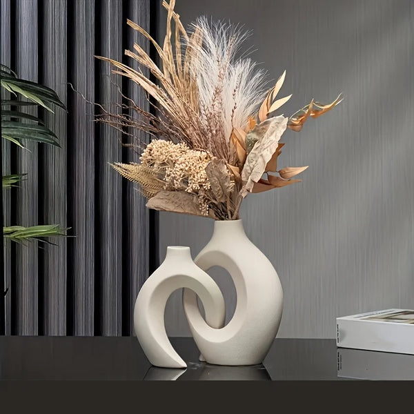 Hollow Nordic Modern Ceramic Vase Set of 2 for Modern Home Decor,Modern Boho Hollow Flower Vases for Living Room Bookshelf